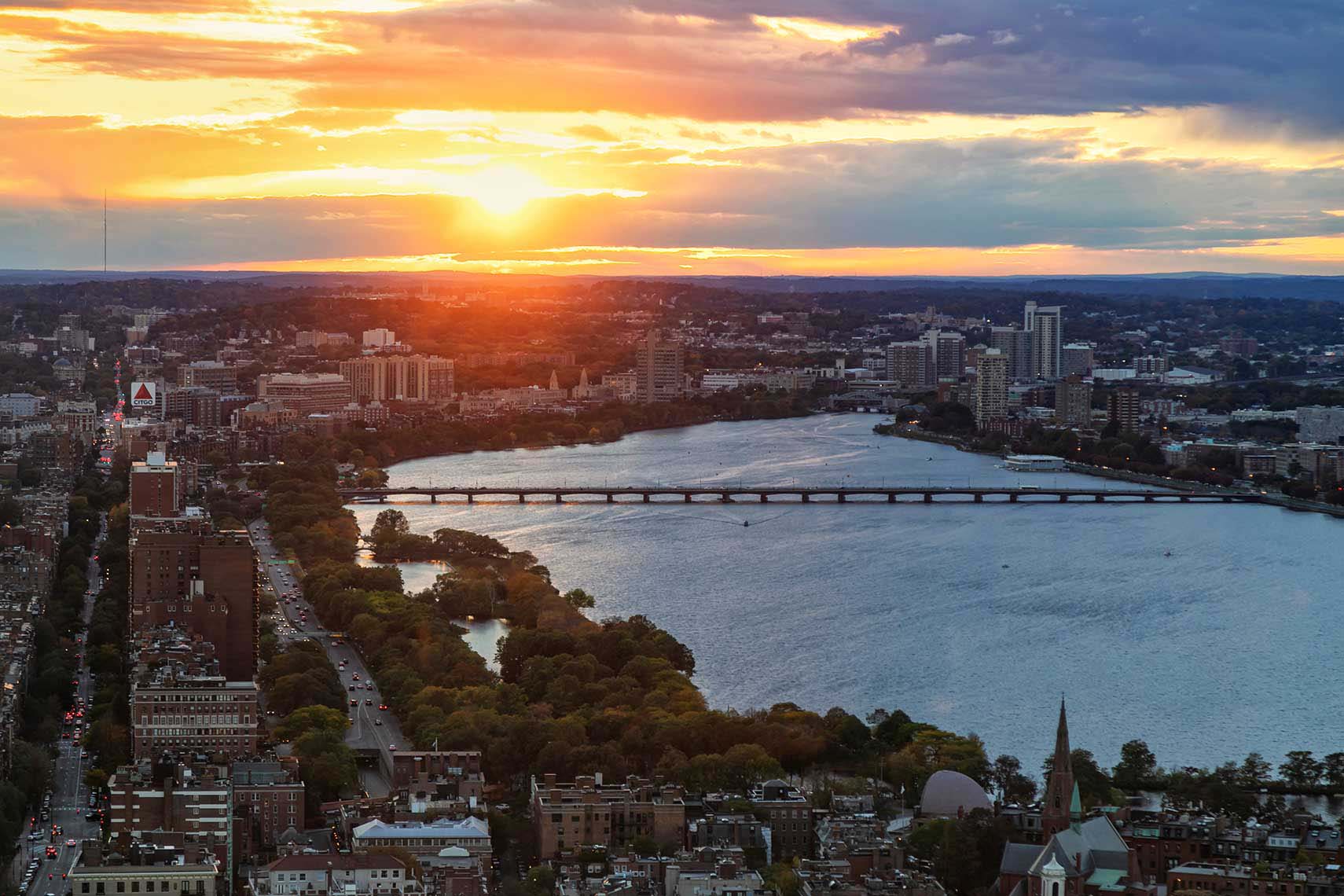 Sunset Aerial View of Boston, the Charles River and Cambridge